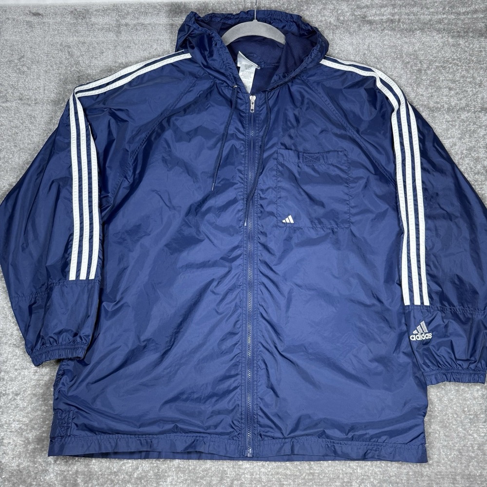 Adidas Windbreaker Jacket‎ Men's XL Blue Hooded Full Zip 90s Performance Nylon